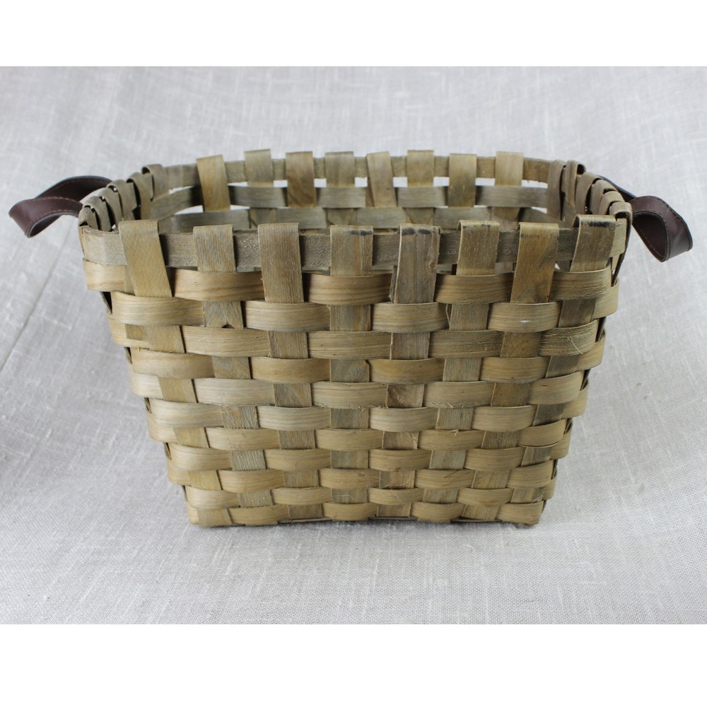 Rustic Woven Wood Splint Basket with Leather Handles Farmhouse Decor